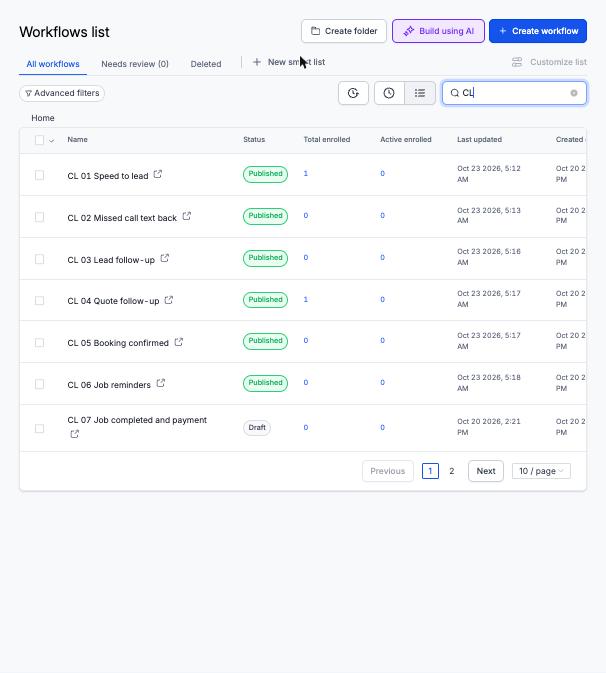 GoHighLevel workflow list showing published workflows